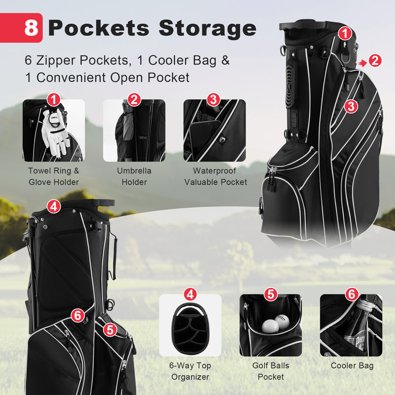 Golf Stand Cart Bag with 6-Way Divider Carry Pockets-Black