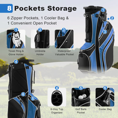 Golf Stand Cart Bag with 6-Way Divider Carry Pockets-Blue