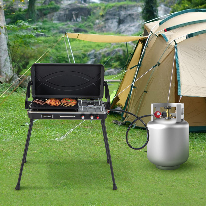 2-in-1 Gas Camping Grill and Stove with Detachable Legs-Black