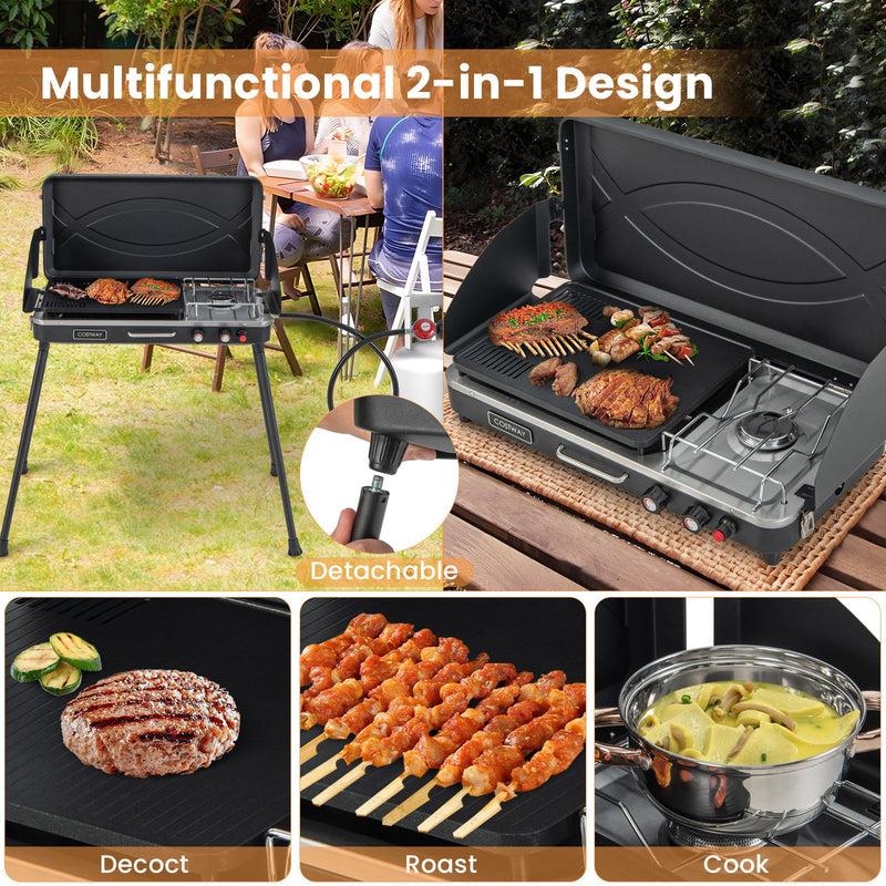 2-in-1 Gas Camping Grill and Stove with Detachable Legs-Black