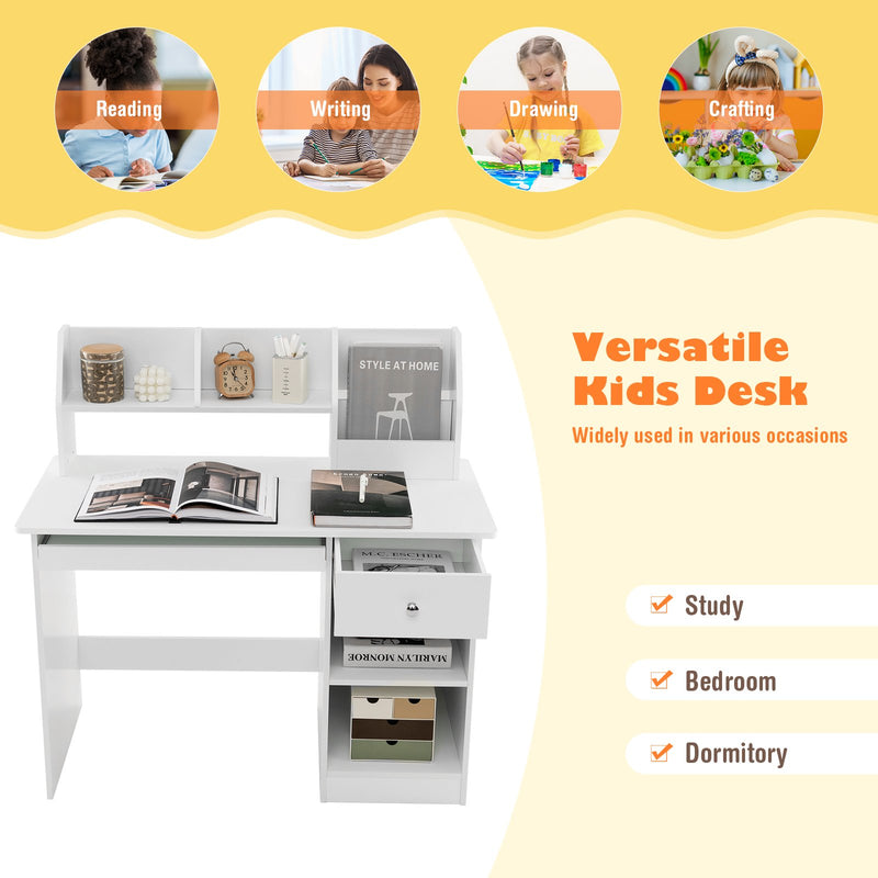 Kids Study Desk Children Writing Table with Hutch Drawer Shelves and Keyboard Tray-White