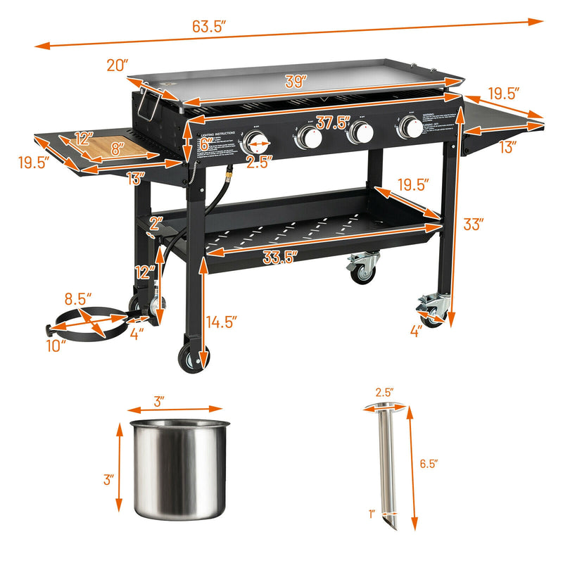 60000BTU 4 Burner Foldable Outdoor Propane Gas Grill with Wheels