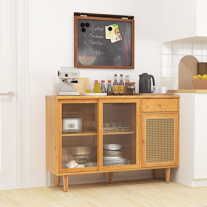 Modern Bamboo Buffet Sideboard Cabinet with Tempered Glass Sliding Doors-Natural