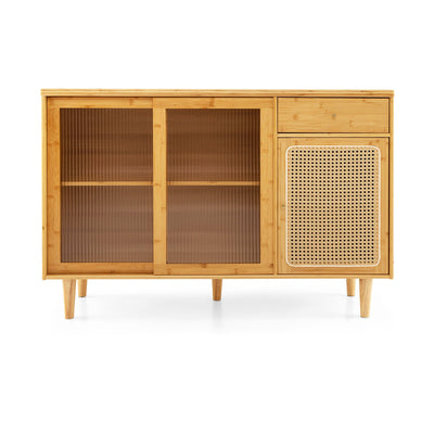 Modern Bamboo Buffet Sideboard Cabinet with Tempered Glass Sliding Doors-Natural