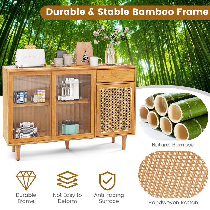 Modern Bamboo Buffet Sideboard Cabinet with Tempered Glass Sliding Doors-Natural