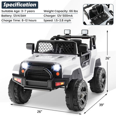 12V Kids Ride On Truck with Remote Control and Headlights-White