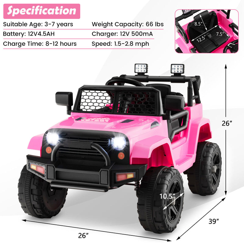 12V Kids Ride On Truck with Remote Control and Headlights-Pink