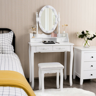 Makeup Dressing Table with Touch Switch Lighted Mirror and Cushioned Stool-White