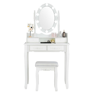 Makeup Dressing Table with Touch Switch Lighted Mirror and Cushioned Stool-White