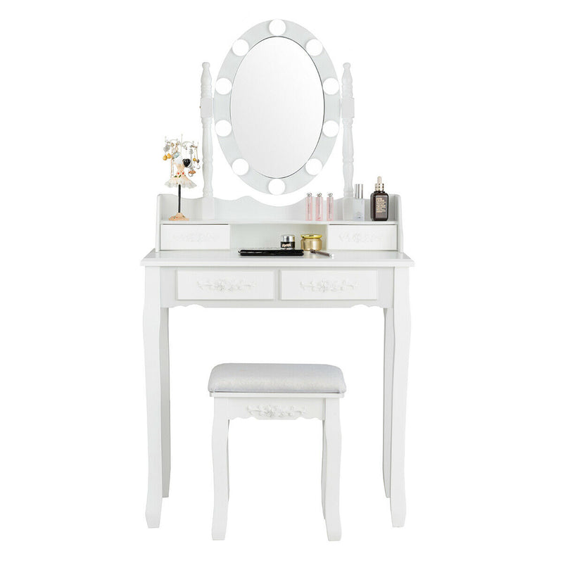 Makeup Dressing Table with Touch Switch Lighted Mirror and Cushioned Stool-White