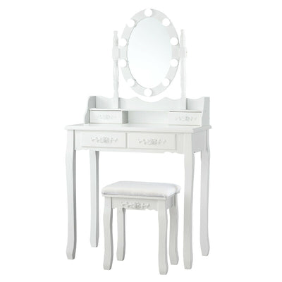 Makeup Dressing Table with Touch Switch Lighted Mirror and Cushioned Stool-White