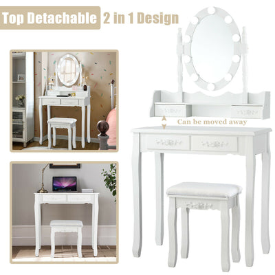 Makeup Dressing Table with Touch Switch Lighted Mirror and Cushioned Stool-White