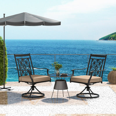 2 Pieces Patio Swivel Dining Chairs with Blossom Pattern Backrest and Cushions-Black