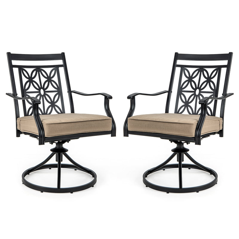 2 Pieces Patio Swivel Dining Chairs with Blossom Pattern Backrest and Cushions-Black