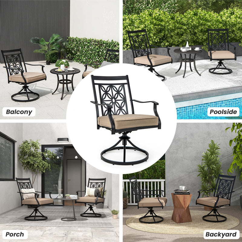 2 Pieces Patio Swivel Dining Chairs with Blossom Pattern Backrest and Cushions-Black