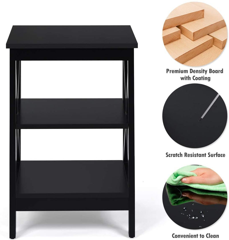 3-Tier X-Design Nightstands with Storage Shelves for Living Room Bedroom-Black