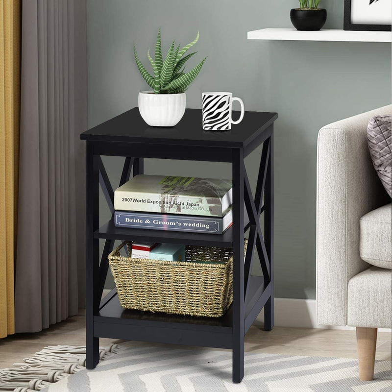 3-Tier X-Design Nightstands with Storage Shelves for Living Room Bedroom-Black