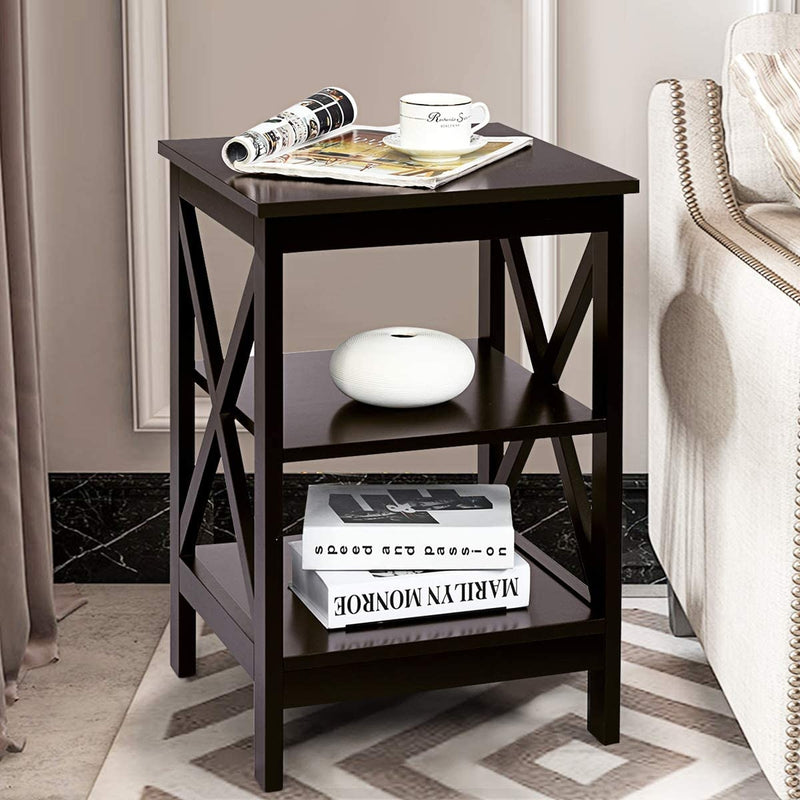 3-Tier X-Design Nightstands with Storage Shelves for Living Room Bedroom-Dark Brown