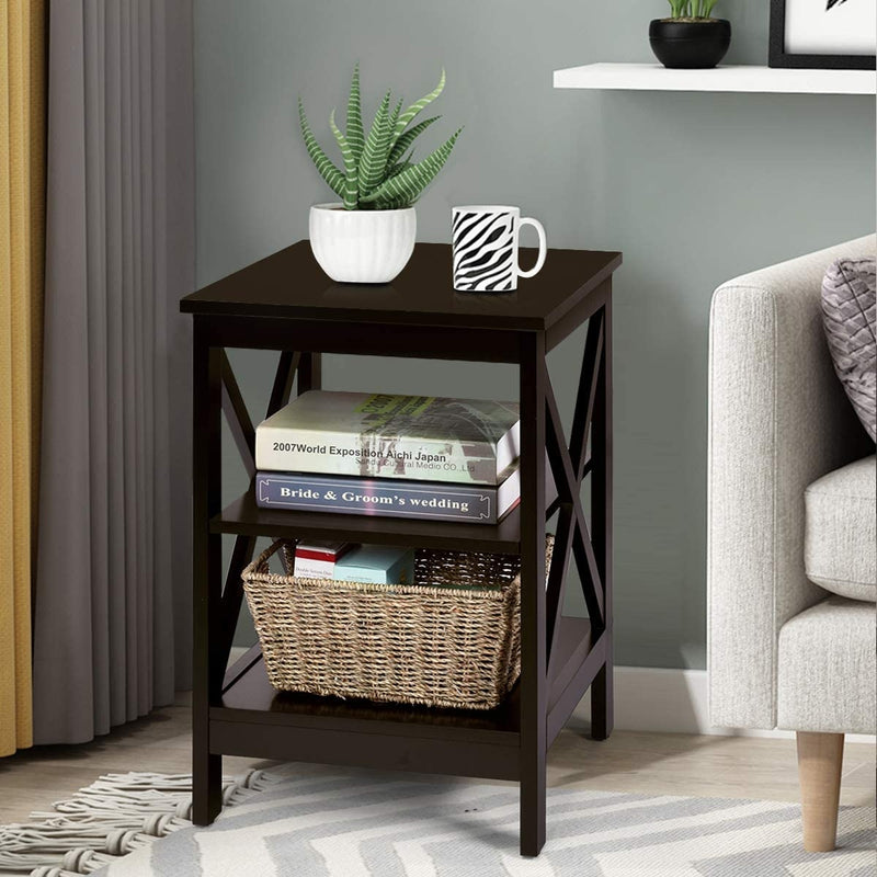 3-Tier X-Design Nightstands with Storage Shelves for Living Room Bedroom-Dark Brown