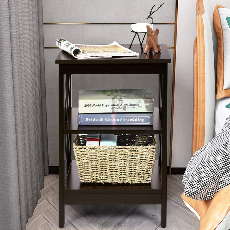 3-Tier X-Design Nightstands with Storage Shelves for Living Room Bedroom-Dark Brown