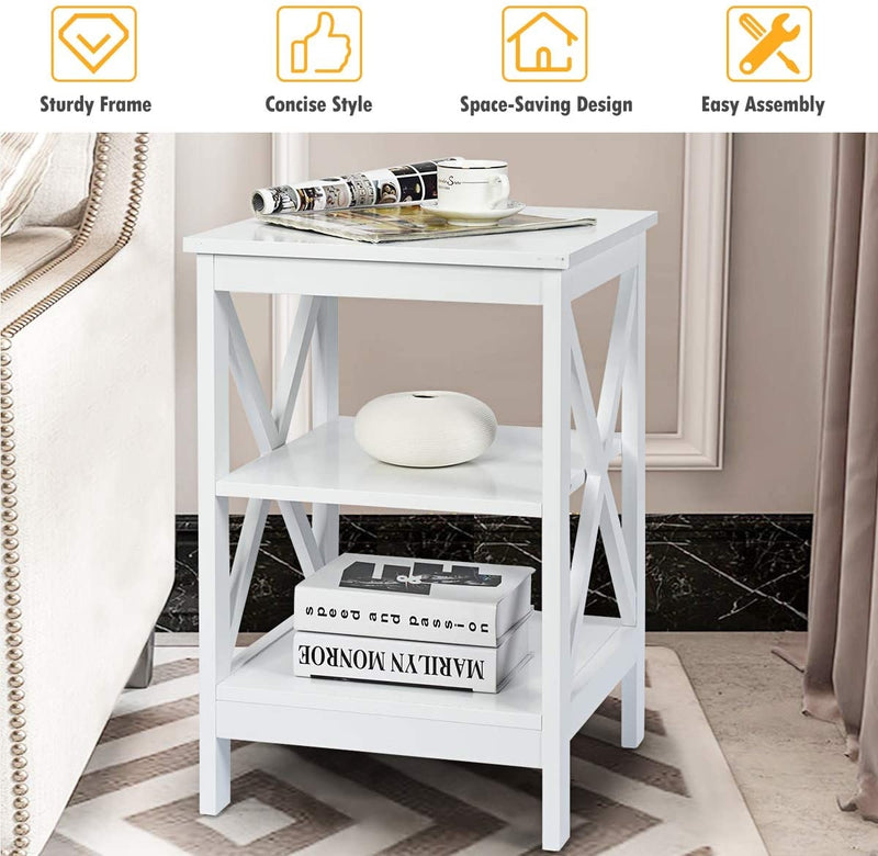 3-Tier X-Design Nightstands with Storage Shelves for Living Room Bedroom-White