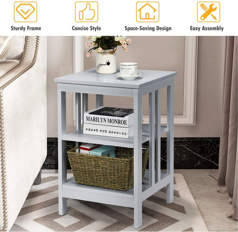 Set of 2 Multifunctional 3-Tier Nightstand Sofa Side Table with Reinforced Bars and Stable Structure-Gray