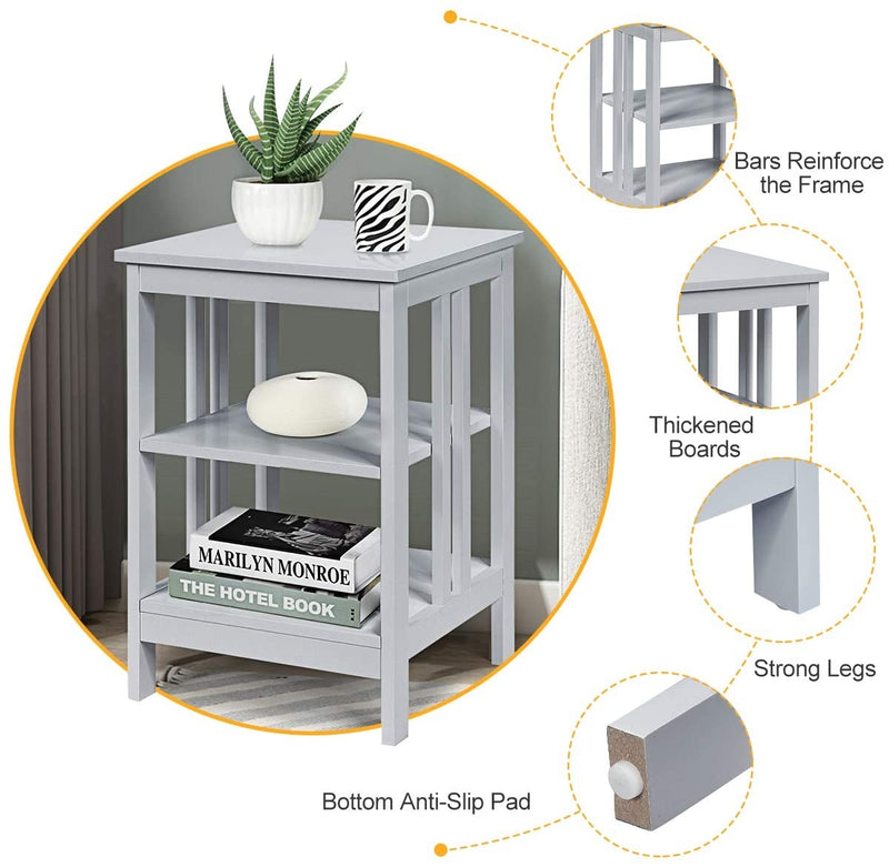 Set of 2 Multifunctional 3-Tier Nightstand Sofa Side Table with Reinforced Bars and Stable Structure-Gray