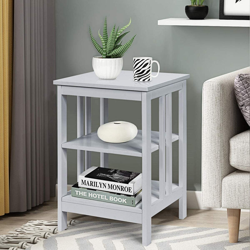 Set of 2 Multifunctional 3-Tier Nightstand Sofa Side Table with Reinforced Bars and Stable Structure-Gray