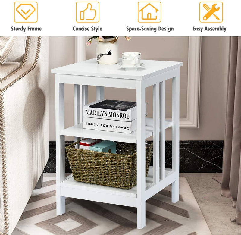 Set of 2 Multifunctional 3-Tier Nightstand Sofa Side Table with Reinforced Bars and Stable Structure-White