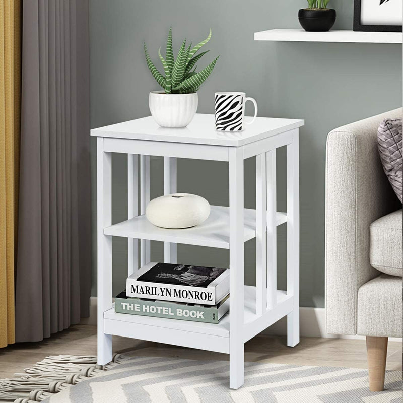 Set of 2 Multifunctional 3-Tier Nightstand Sofa Side Table with Reinforced Bars and Stable Structure-White