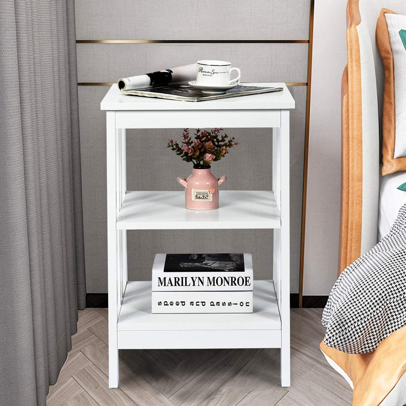 Set of 2 Multifunctional 3-Tier Nightstand Sofa Side Table with Reinforced Bars and Stable Structure-White