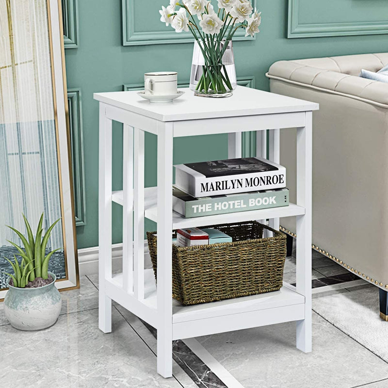 Set of 2 Multifunctional 3-Tier Nightstand Sofa Side Table with Reinforced Bars and Stable Structure-White