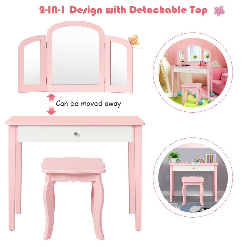 Kids Princess Make Up Dressing Table with Tri-folding Mirror and Chair-Pink