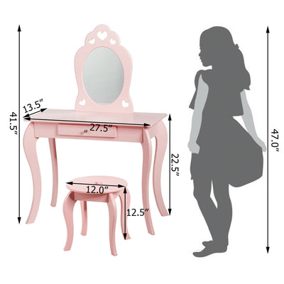 Kids Princess Makeup Dressing Play Table Set with Mirror -Pink