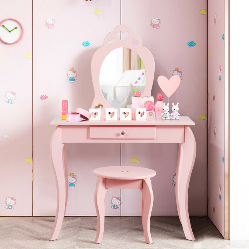 Kids Princess Makeup Dressing Play Table Set with Mirror -Pink