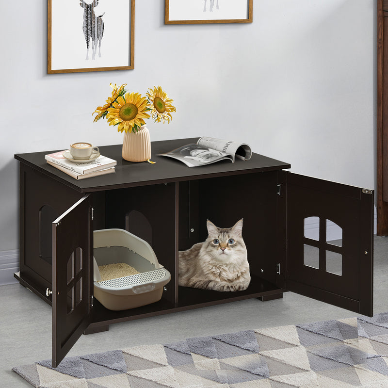 Large Wooden Cat Litter Box Enclosure Hidden Cat Washroom with Divider-Brown