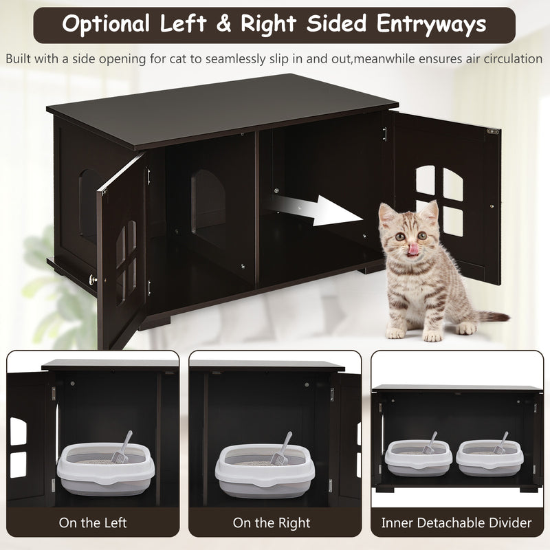 Large Wooden Cat Litter Box Enclosure Hidden Cat Washroom with Divider-Brown