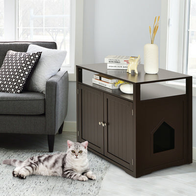 Wooden Cat Litter Box Enclosure Hidden Cat Washroom with Storage Layer-Brown