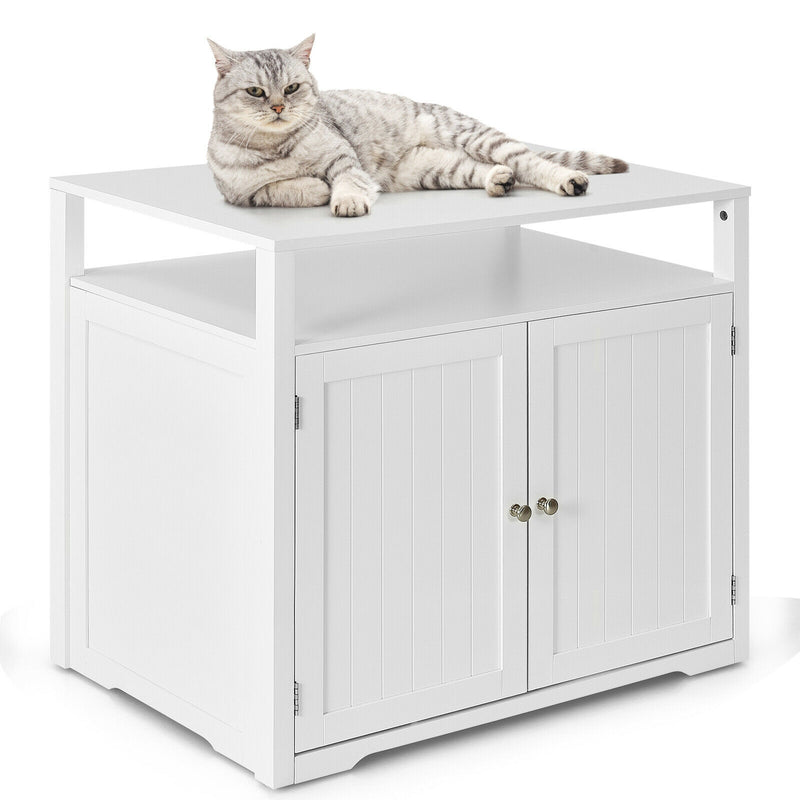 Wooden Cat Litter Box Enclosure Hidden Cat Washroom with Storage Layer-White