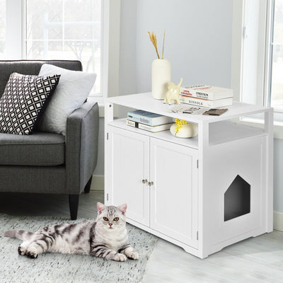 Wooden Cat Litter Box Enclosure Hidden Cat Washroom with Storage Layer-White