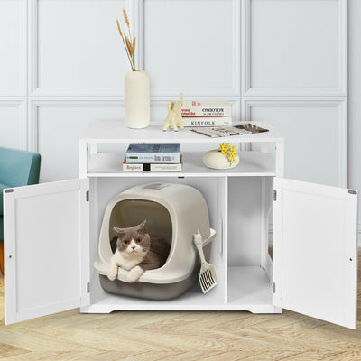 Wooden Cat Litter Box Enclosure Hidden Cat Washroom with Storage Layer-White