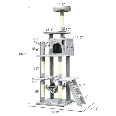 66 Inch Cat Tree Condo Kitten Multi-Level Activity Center-Gray