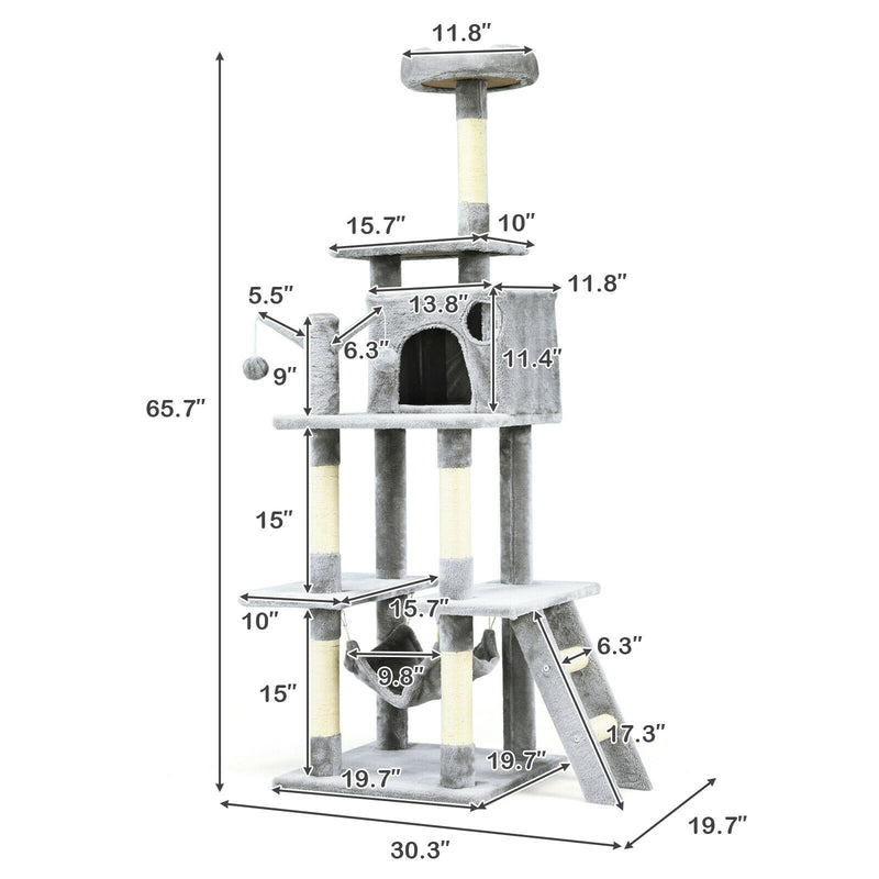 66 Inch Cat Tree Condo Kitten Multi-Level Activity Center-Gray