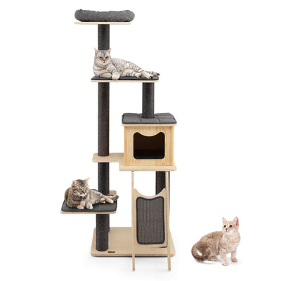 5-Tier Modern Wood Cat Tower with Washable Cushions-Gray