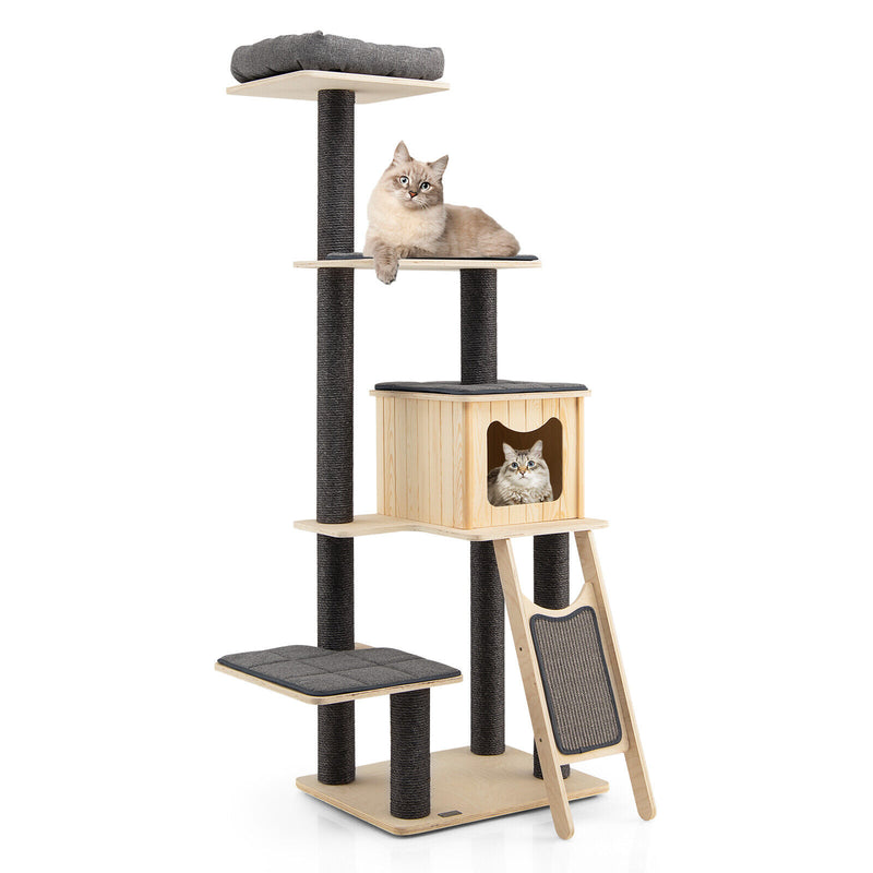 5-Tier Modern Wood Cat Tower with Washable Cushions-Gray