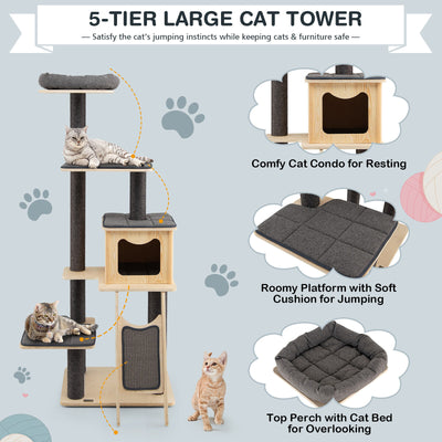 5-Tier Modern Wood Cat Tower with Washable Cushions-Gray