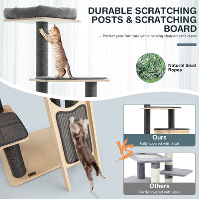 5-Tier Modern Wood Cat Tower with Washable Cushions-Gray