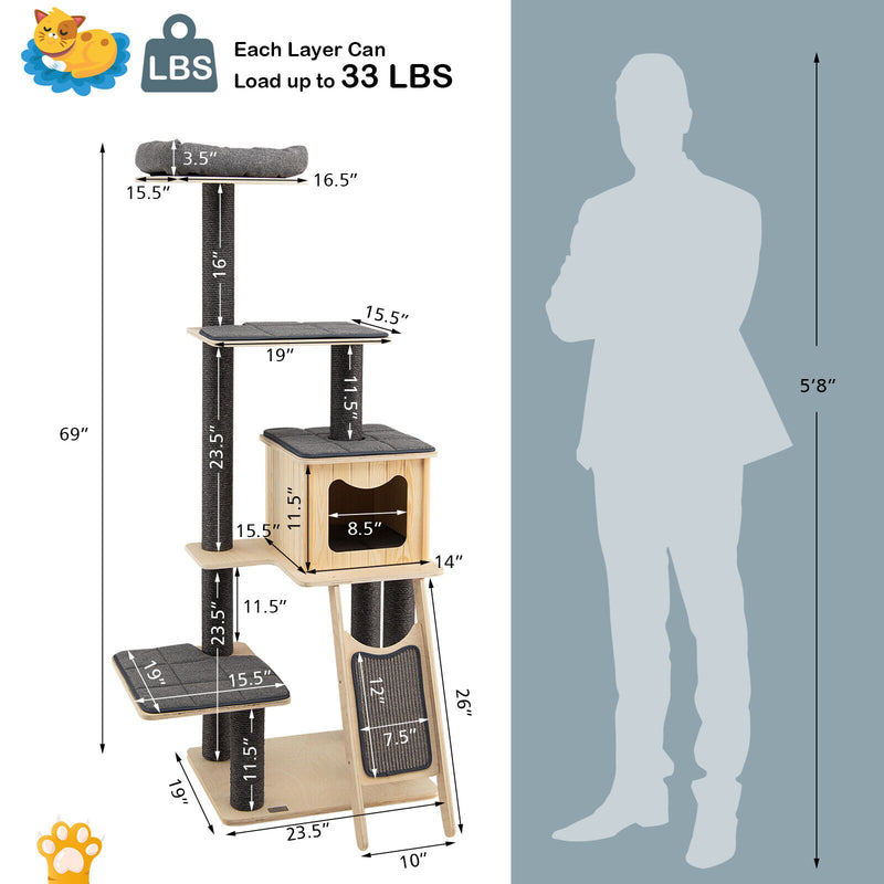 5-Tier Modern Wood Cat Tower with Washable Cushions-Gray