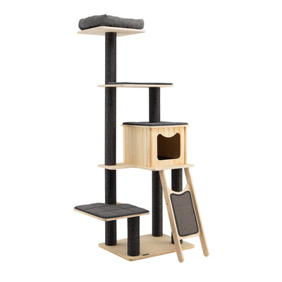 5-Tier Modern Wood Cat Tower with Washable Cushions-Gray