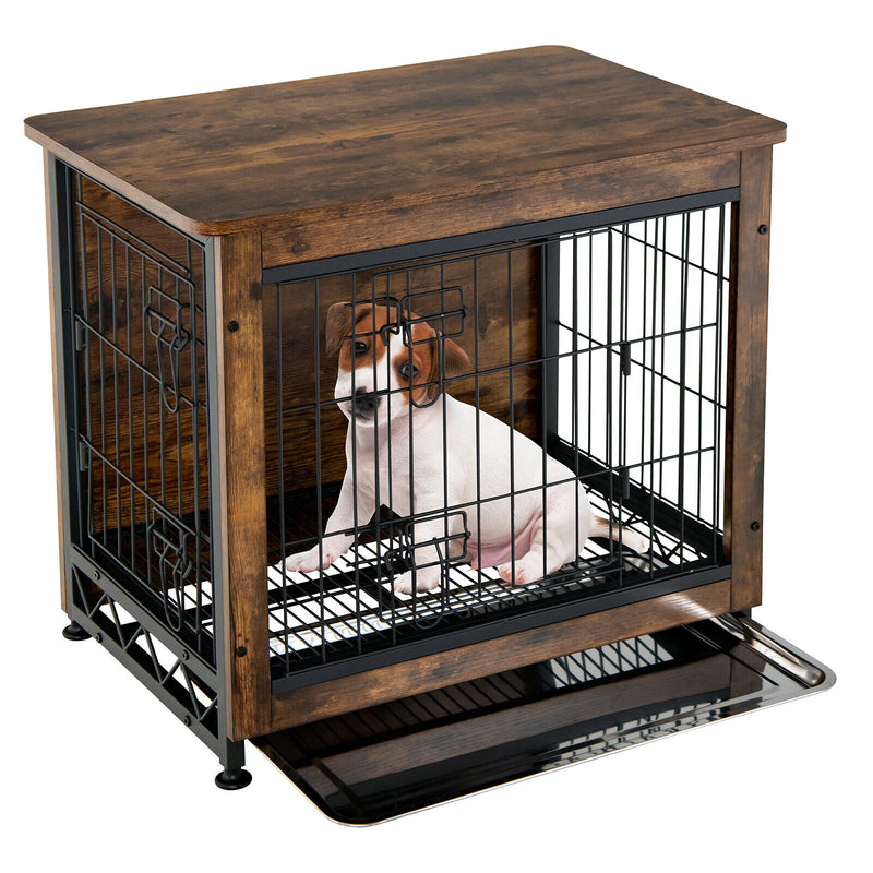 Wooden Dog Crate Furniture with Double Door and Tray-Brown